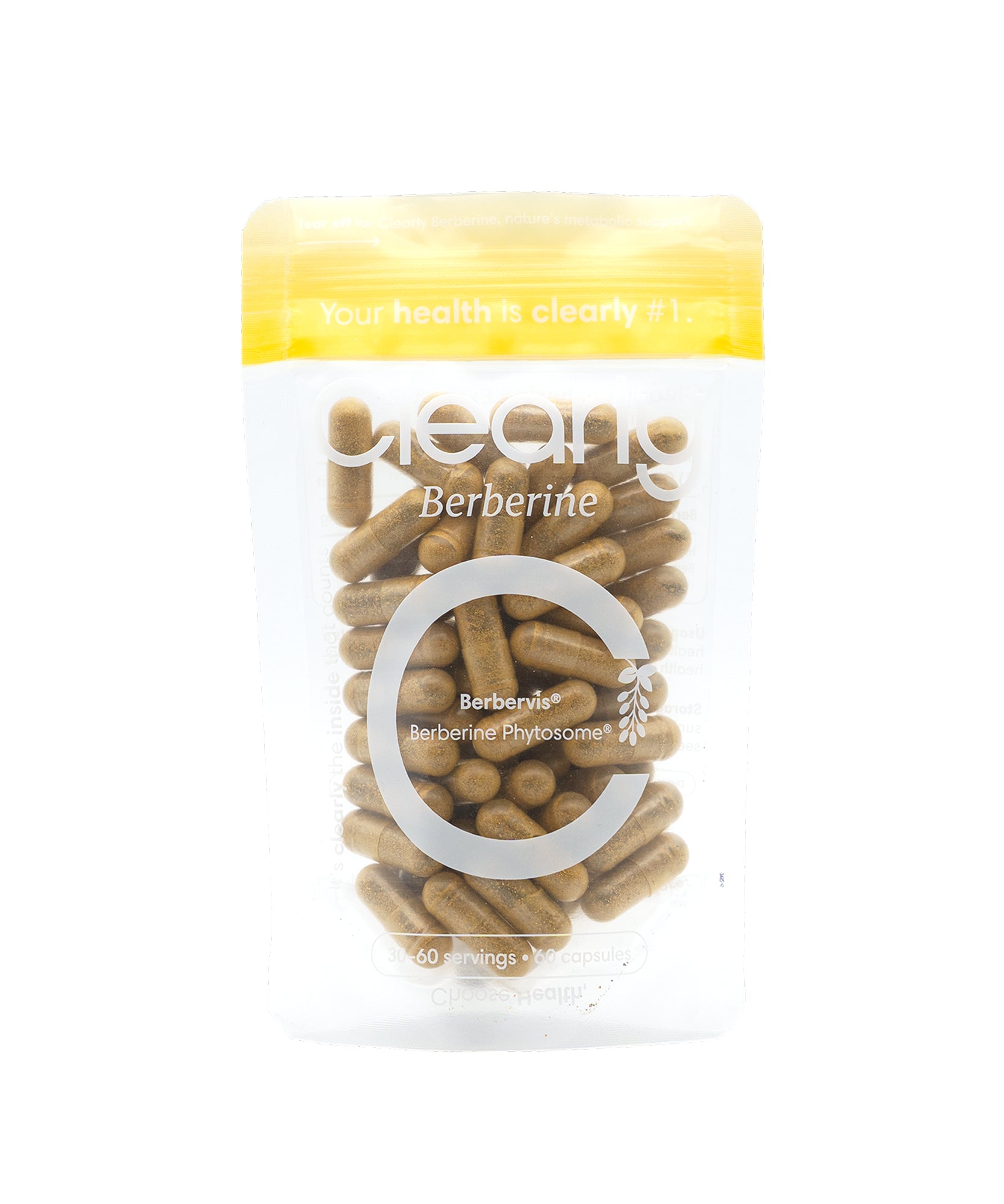 Clearly Berberine capsules in a blister pack, showing the front label and capsule details.