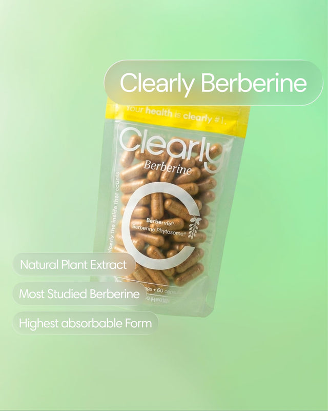 Clearly Berberine capsules in a bottle, showing the orange and white packaging with capsules inside.
