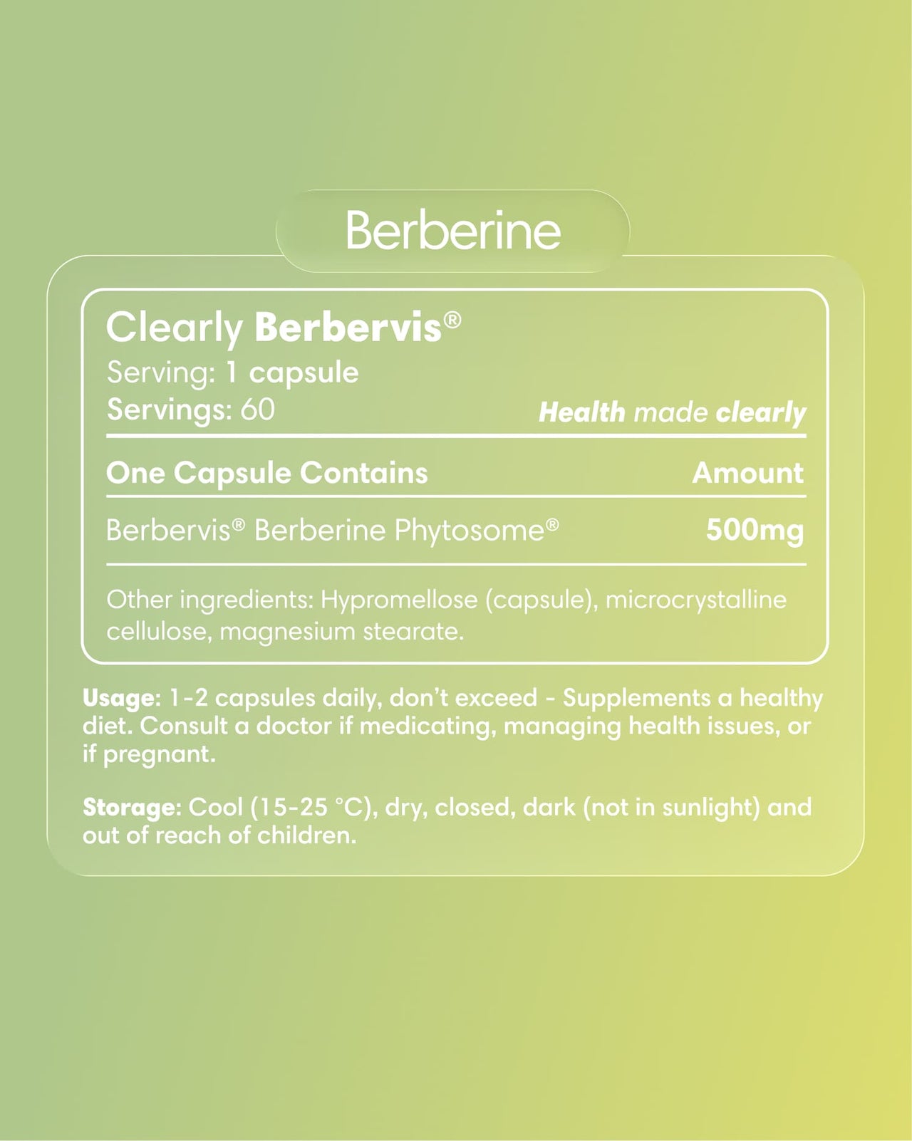 Clearly Berberine capsules bottle with label showing product details and branding, set against a plain background.
