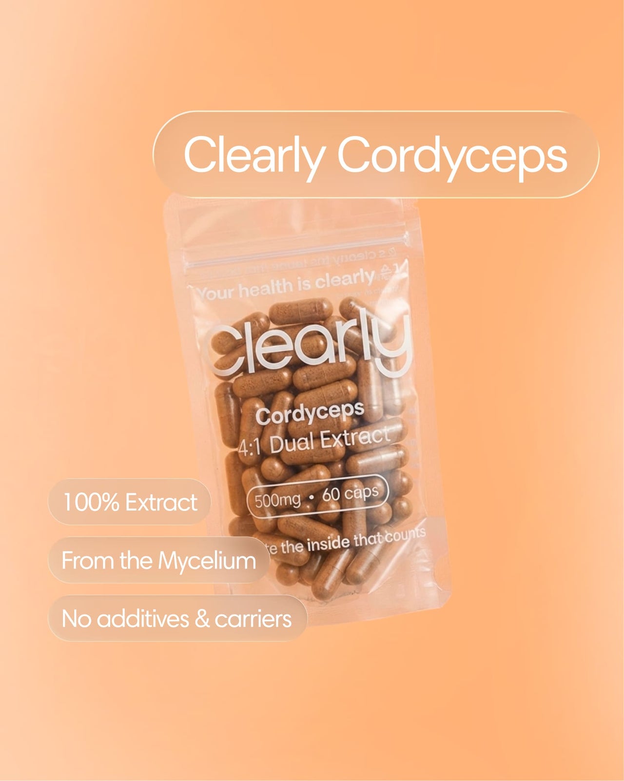 Clearly brand Cordyceps capsules, showing a bottle with white capsules and label on a neutral background.