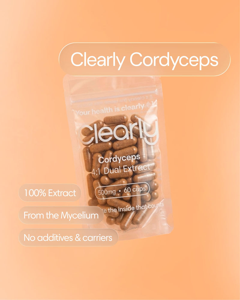 Clearly Cordyceps capsules in a bottle with a label, showcasing dietary supplement capsules for supporting energy and vitality.