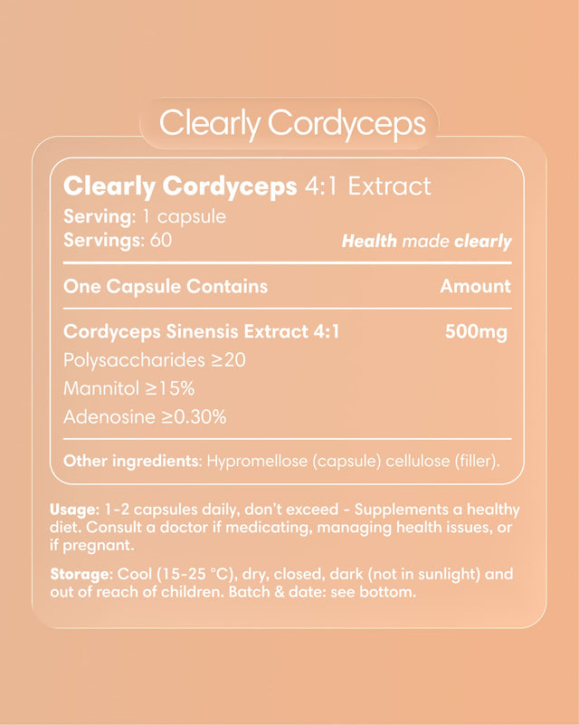 Clearly brand Cordyceps capsules with label showing product details and packaging in a natural, informative shot.