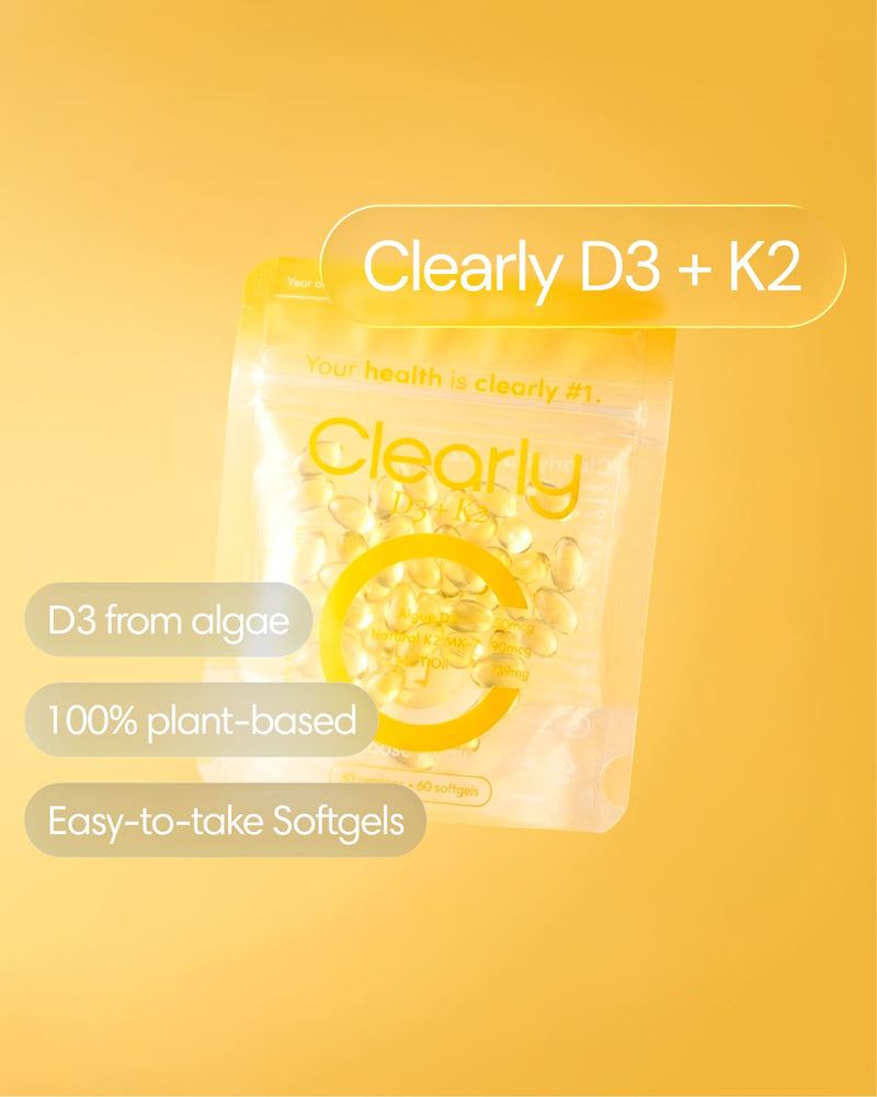 Clearly D3 + K2 supplement bottle with label showing front view of the dietary supplement.