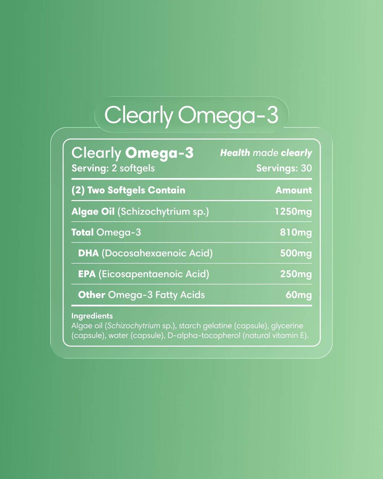 Clearly Omega-3 supplement bottle label showing product name, dosage, and branding details on a white background.