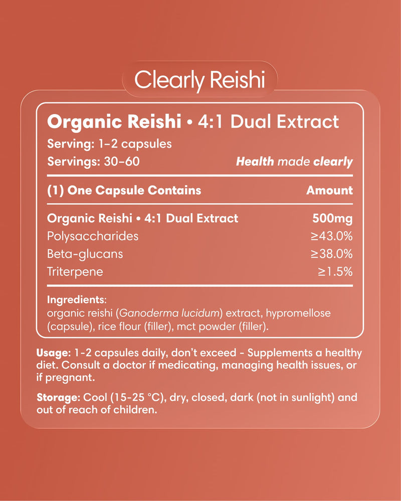 Clearly Reishi capsules bottle with label showing supplement details and branding, set against a neutral background.