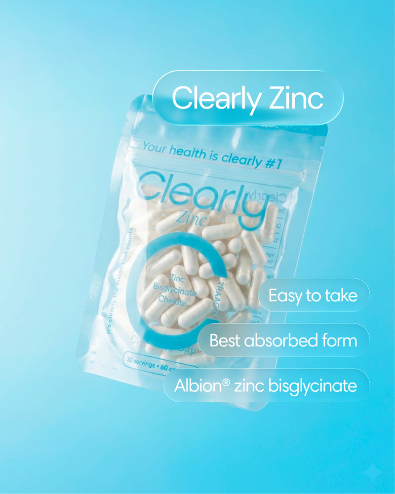 Clearly Zinc supplement bottle with label visible, featuring a white and blue design, front view showing the product name.