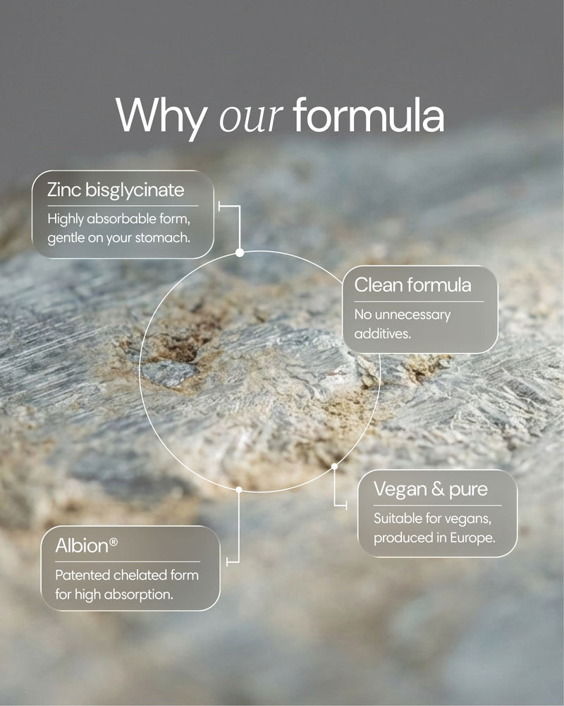 Clearly Zinc supplement bottle with label highlighting zinc benefits and ingredients, showcasing the product's natural mineral content.