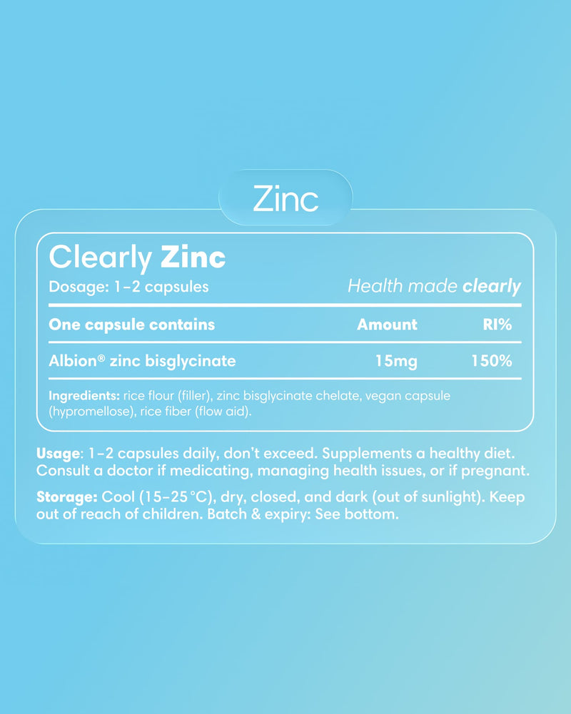 Clearly Zinc supplement label with product name and branding, featuring a clean design and nutritional information.