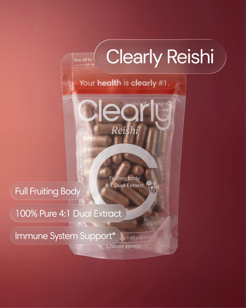 Clearly Reishi capsules in a bottle, showing the front label with the product name and branding, against a plain background.