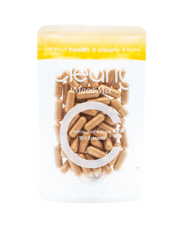 Clearly Maca Mix capsules in a clear bottle, showing the front label and capsules inside.