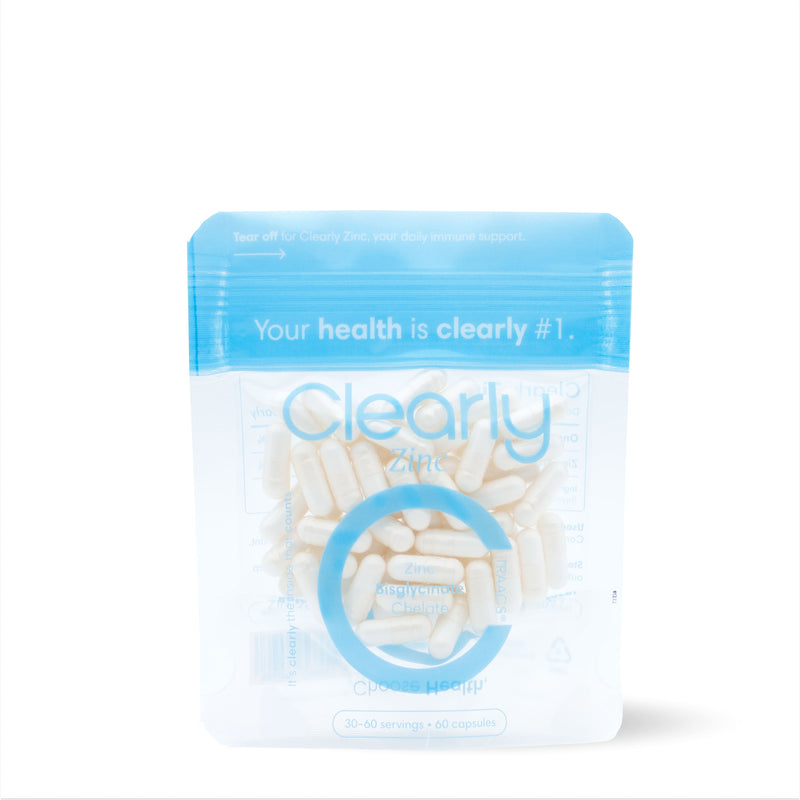 Clearly Zinc supplement bottle with label, showcasing zinc capsules and branding for dietary health support.